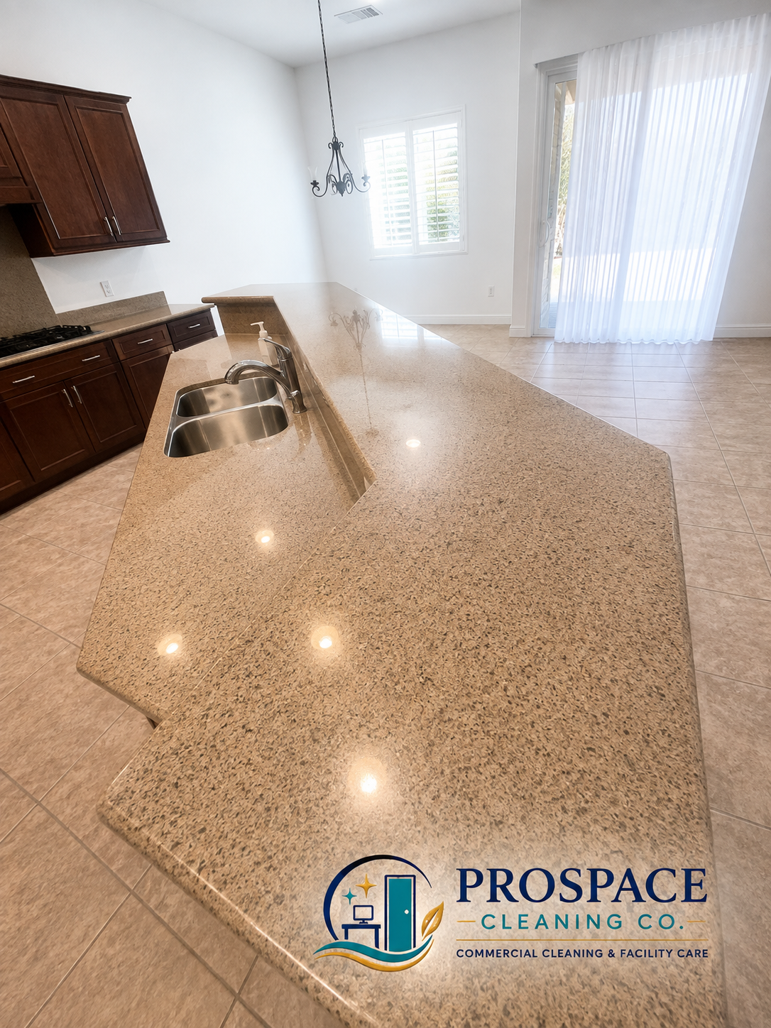 Finished vacant kitchen after ProSpace move-out cleaning — full counters, sink and cabinetry