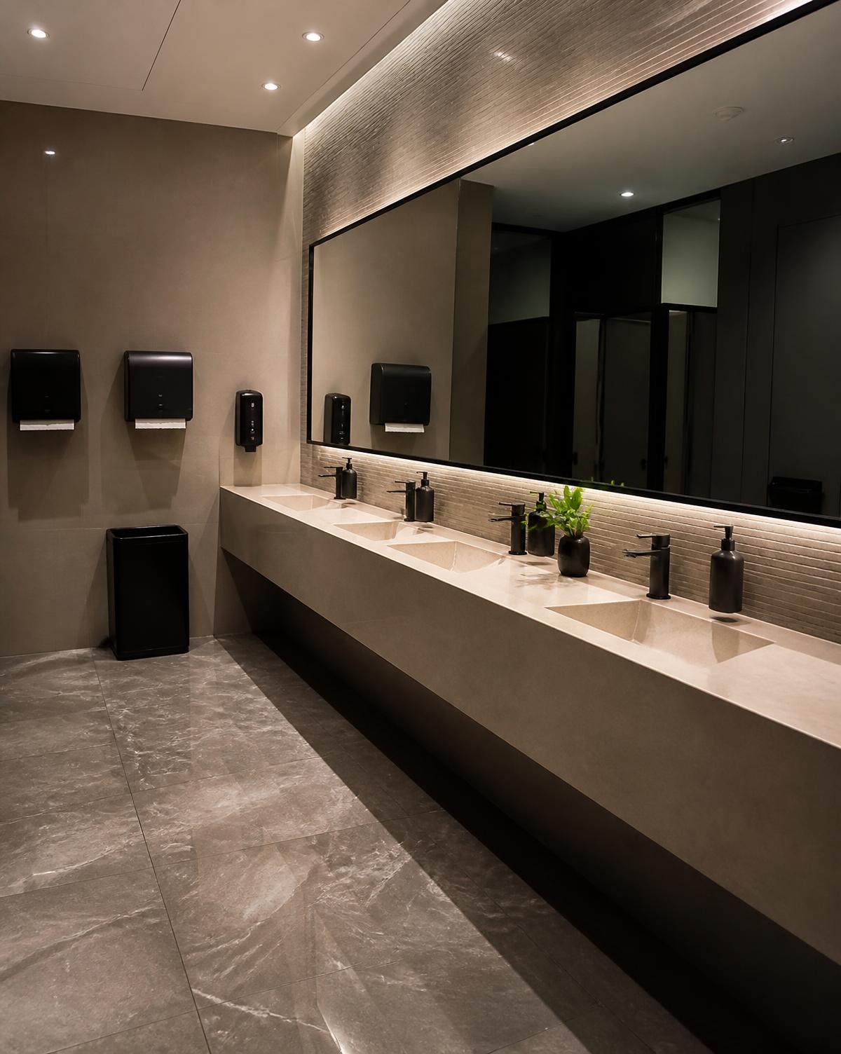 Spotless, fully stocked modern commercial restroom